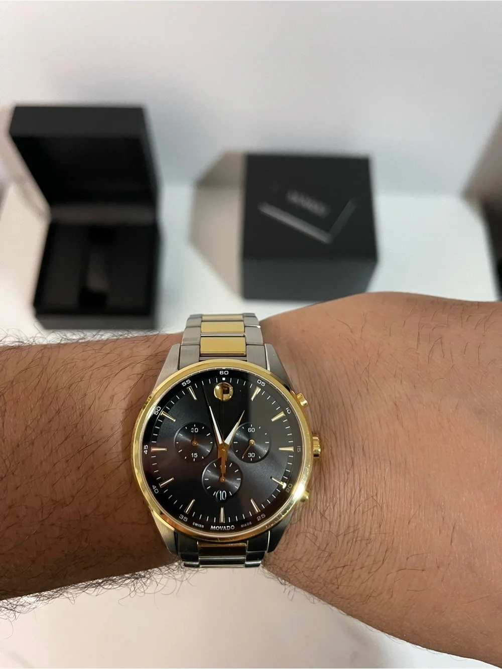 Movado Two Tone Bracelet Watch with Black Dial